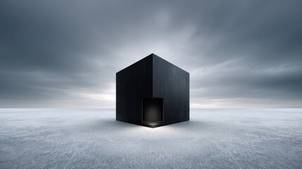 Black Cube Portal Mysterious Structure Under Dramatic Sky.