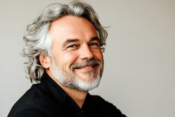 Fototapeta premium Visual idea of style for aging men. A peaceful and content male enjoying his portrait. Fashionable men's wavy bob haircut - midlife white man with hair. Pure white solid background.