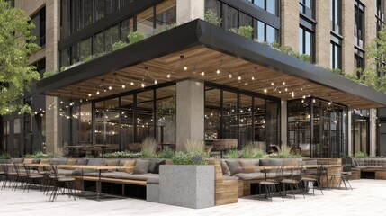 Chic outdoor restaurant terrace with wooden furniture and string lights.