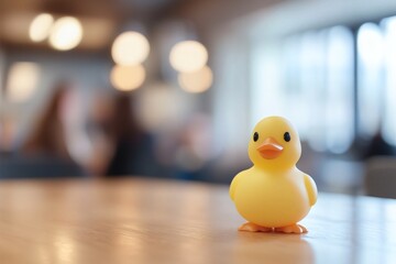  Cheerful Yellow Rubber Duck Toy Standing on a Smooth Wooden Surface with a Softly Blurred Background and Warm Bokeh Lights