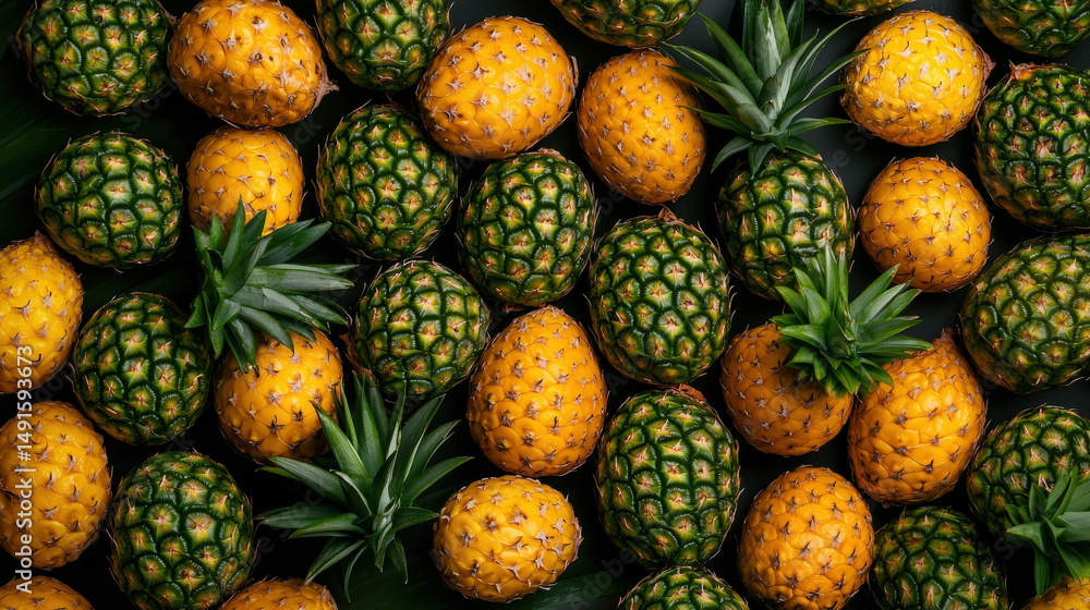 Poster vibrant display of ripe and unripe pineapples arranged on dark surface, showcasing their textured sk