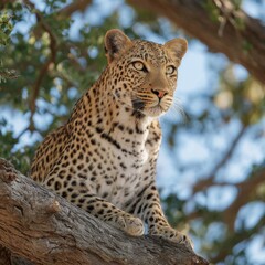Leopard perched in tree looking alert in Botswana Africa wildlife photography portrait eye level