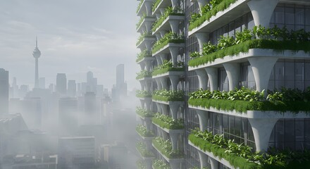 Green Apartment Building with City Skyline
