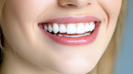 a close up image of a woman showcasing her flawless, white veneer smile, highlighting the results of professional tooth whitening treatment in a dental care setting.
