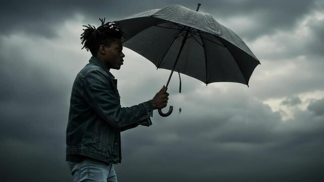 A silhouette of a person holding an umbrella in rainy weather. - Powered by Adobe