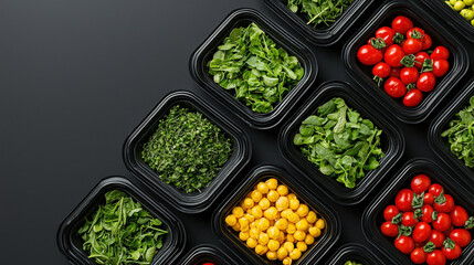 Fresh organic produce in black containers, including vibrant cherry tomatoes, leafy greens, and yellow tomatoes, arranged on dark background