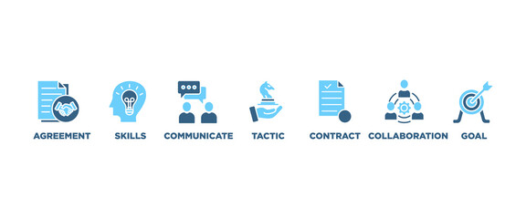 Negotiation banner web icon set vector symbol illustration concept for business deal agreement and collaboration with icon of skills, communicate, tactic, contract, and goal