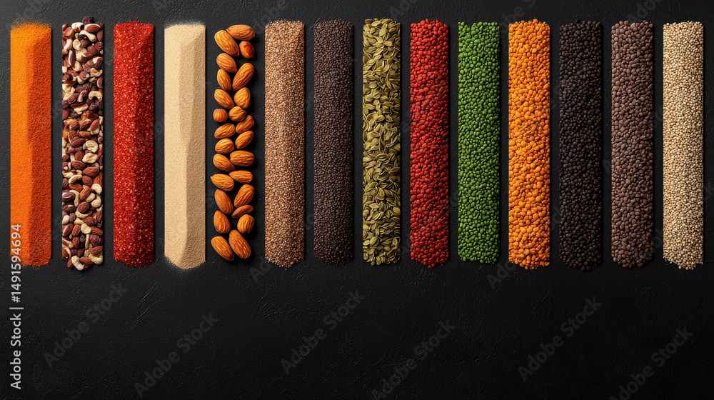 Poster Diverse selection of nuts, seeds, and spices is artfully arranged in vertical lines on dark surface, showcasing vibrant array of colors and textures
