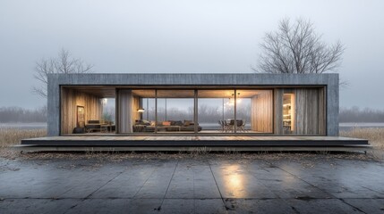 Naklejka premium Modern Minimalist Home Cozy interior lights on foggy day.