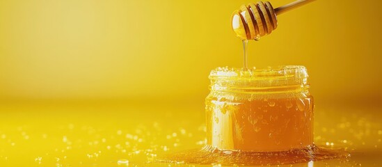 Honey pouring jar, yellow background