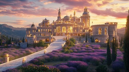Naklejka premium Majestic castle landscape at sunset surrounded by lavender fields serenity