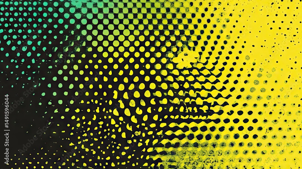 Poster vibrant, multicolored abstract pattern with textured halftone dots.