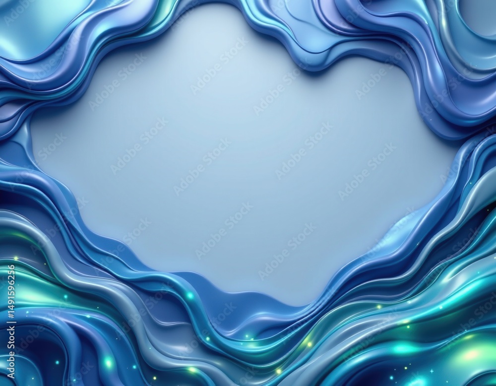 Poster abstract wavy blue shapes frame a smooth central space with glowing accents, creating a modern and a