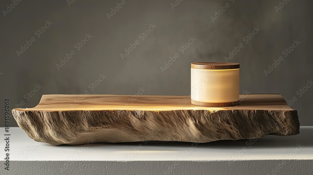 Poster wooden display with cylindrical lamp illuminating neutral backdrop setting