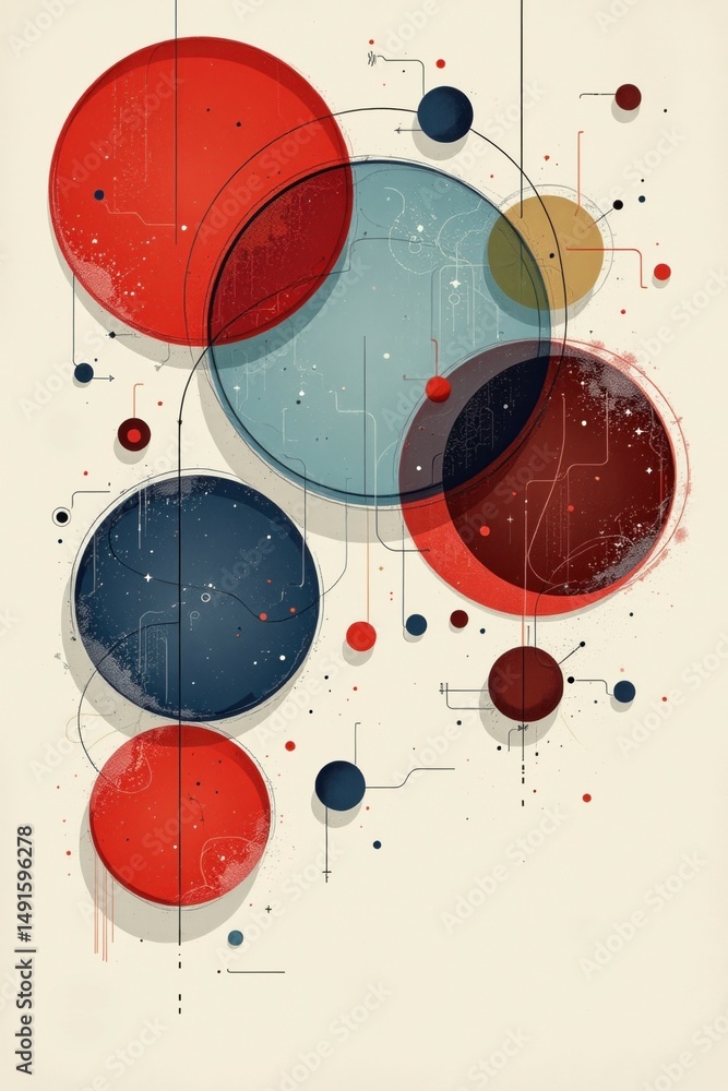 Poster abstract geometric artwork featuring overlapping red, blue, and yellow circles with circuit-like lin