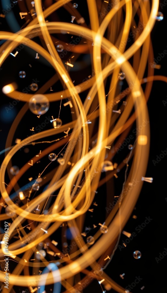 Poster abstract golden light trails with glowing particles and floating bubbles on a dark background.