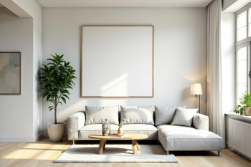 Fototapeta premium Modern Minimalist Living Room Interior Design Featuring a Large Empty Frame and Comfortable Sectional Sofa
