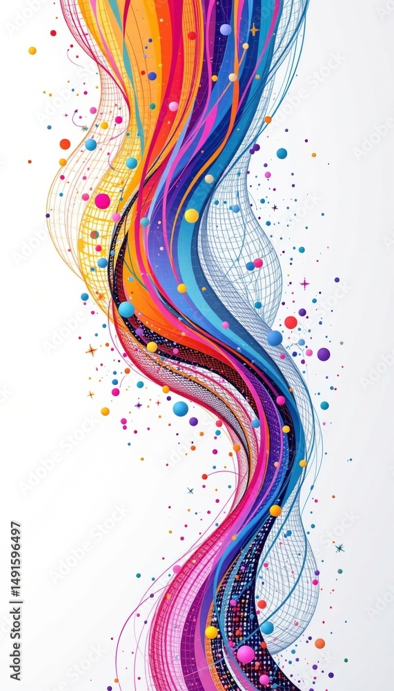 Poster vibrant abstract waves of colorful lines and dots flow vertically on a white background.