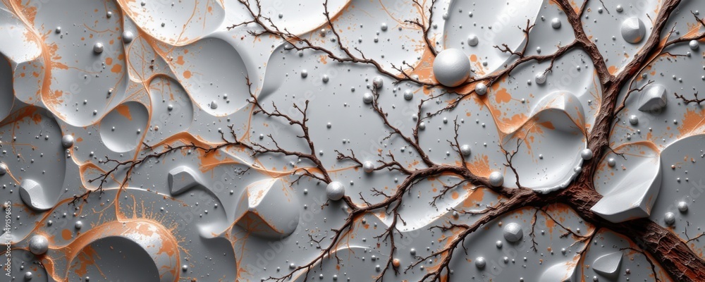 Poster abstract depiction of branching tree structures over a textured, metallic surface with spheres and o