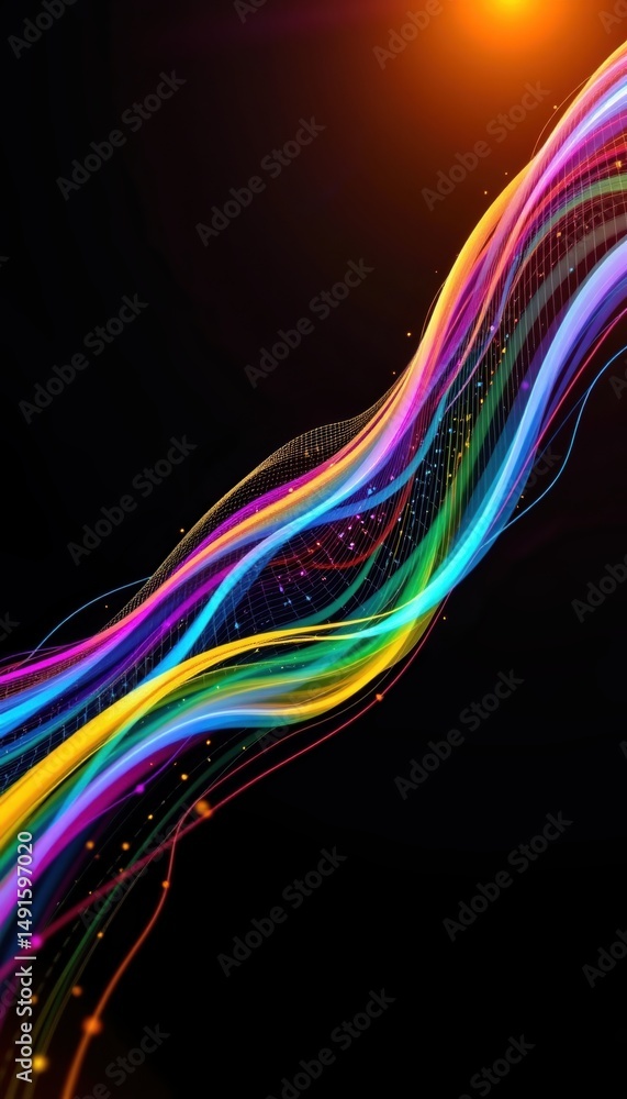 Poster vibrant, colorful light waves swirl across a dark background, creating a dynamic and futuristic visu
