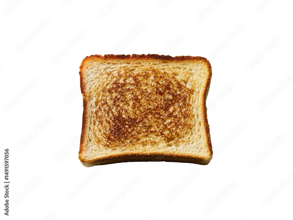 Poster a single slice of golden brown toast is centered on a plain white background ready to be consumed qu