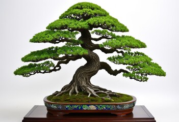 The bonsai trees are mossed above the wooden shelves