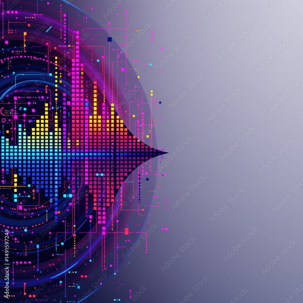 Poster vibrant digital soundwave with colorful pixels and circuit patterns on a gradient purple background.