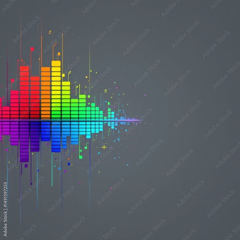 Poster a colorful audio equalizer visual with rainbow bars on a dark background, resembling sound waves and