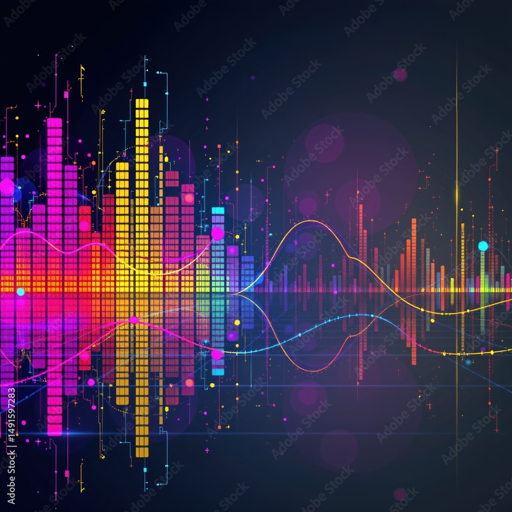 Poster a vibrant digital soundwave visualization with colorful equalizer bars and abstract glowing elements