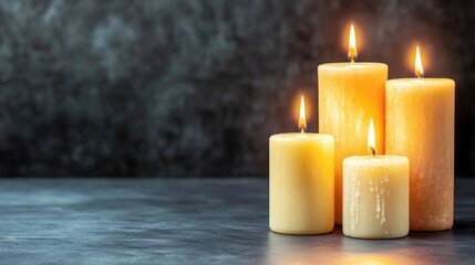 a solemn arrangement of flickering candles on a pitch black backdrop, casting a warm and eerie glow that dances in the shadows.