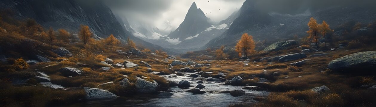 Mountain valley scene with a stream in autumn colors.
