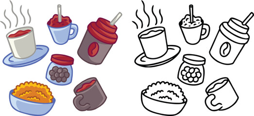 illustration vector icon of drinks and food to accompany you while reading