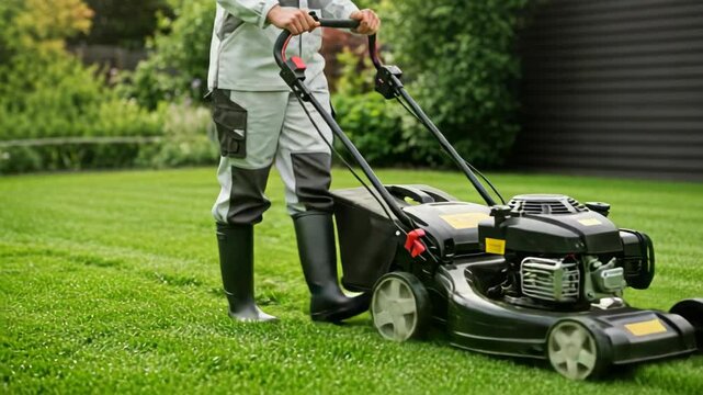 A person mowing a lush green lawn with a mower.