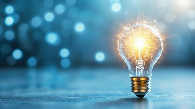 a single lightbulb glows brightly against a serene blue backdrop, symbolizing the perfect environment for creative ideas to flourish and innovative solutions to take shape.