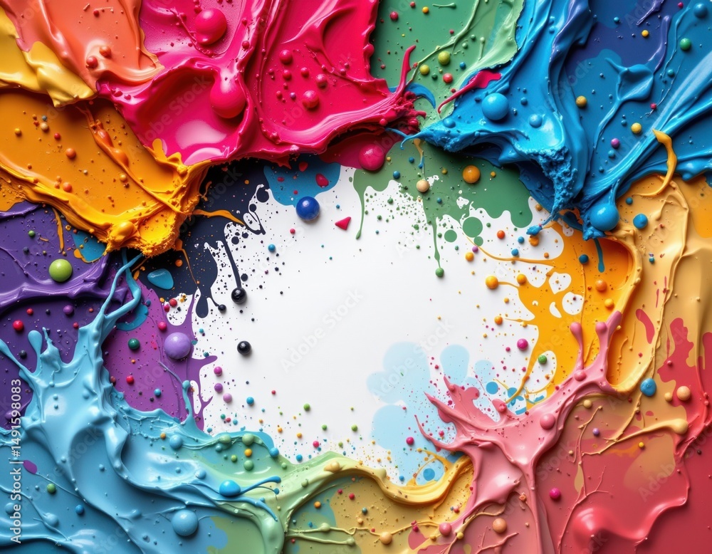 Poster vivid splashes of multicolored paint swirl around a blank white center, creating a dynamic and energ