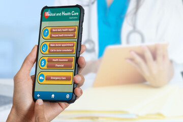 Health and medical application on smartphone in someone hand.