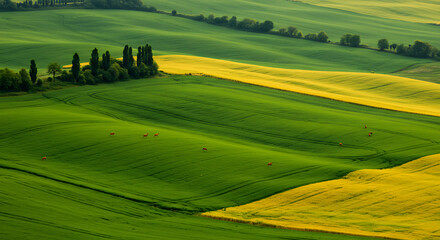 Fototapeta premium Vibrant rolling hills with lush green fields and yellow rapeseed patches