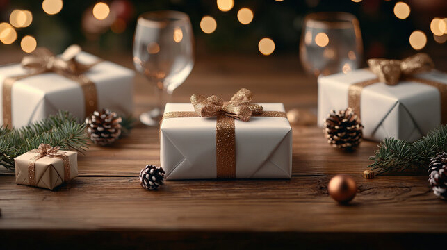 Festive holiday scene with beautifully wrapped gifts adorned with golden ribbons, surrounded by pine cones and evergreen branches on wooden table, creating warm, inviting atmosphere