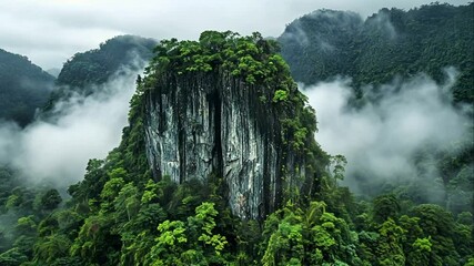 Misty mountain peak shrouded in lush greenery
