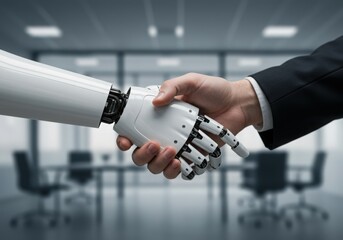 Human Robot Handshake Partnership Collaboration AI Integration Future Business Technology Agreement Synergy