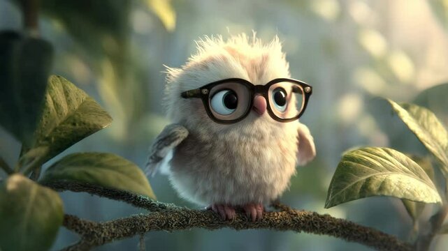 Adorable fluffy owlet wearing glasses perched on a tree branch, surrounded by green leaves. Soft lighting, serene atmosphere.