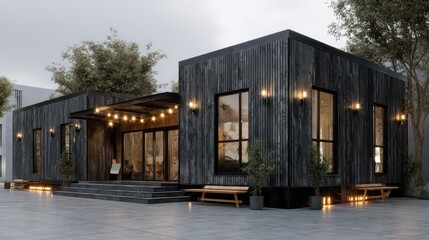 Fototapeta premium Modern Black Wood Cabin Lit at Dusk Stylish Retreat.
