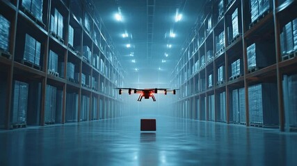 A drone hovers above a red package in a dimly lit warehouse filled with stacked pallets - Powered by Adobe