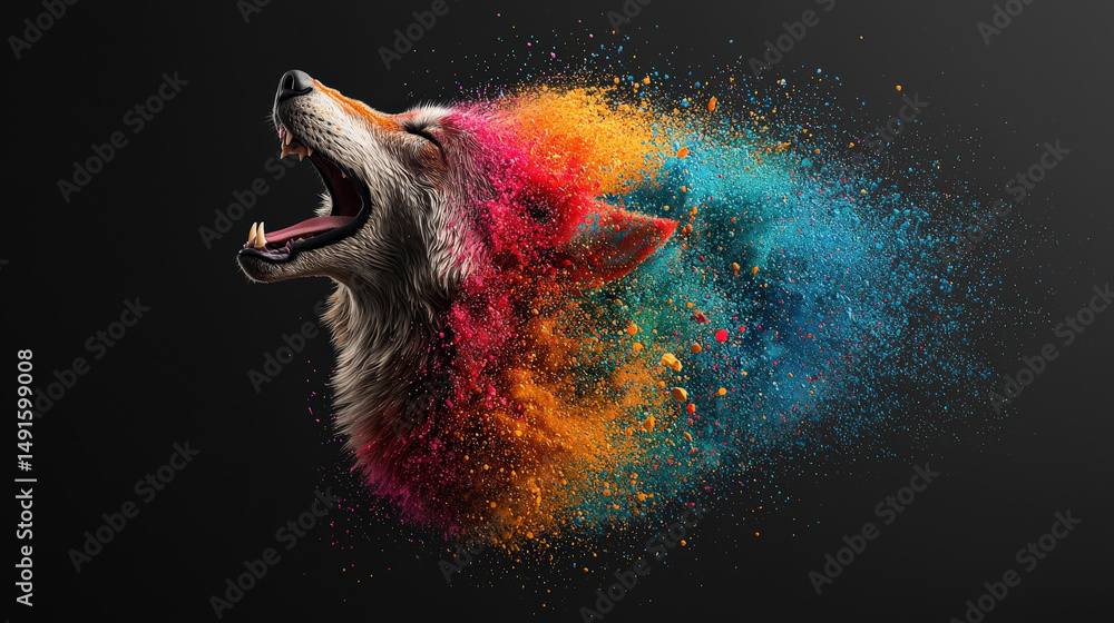 Poster wolf head roars with vibrant splashes of color, blending realism and abstract art. dynamic explosion