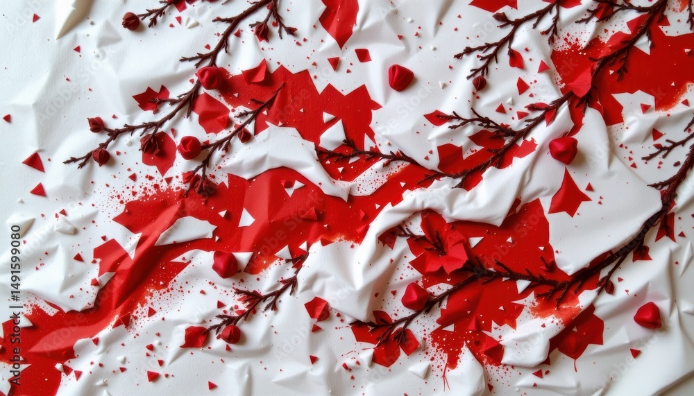 Canvas Prints abstract composition of red paper leaves and branches on crumpled white background