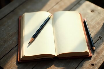Open Journal with Two Pencils Resting on Rustic Wooden Surface in Soft Sunlight