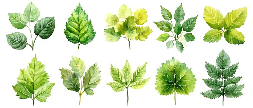Green leaf watercolor set, nature
