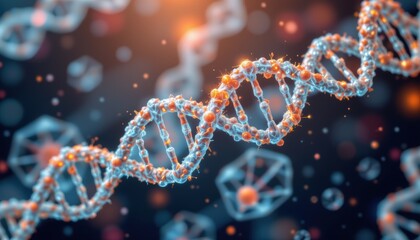 Close Up View of DNA Helix Structure with Colorful Lights and Abstract Background