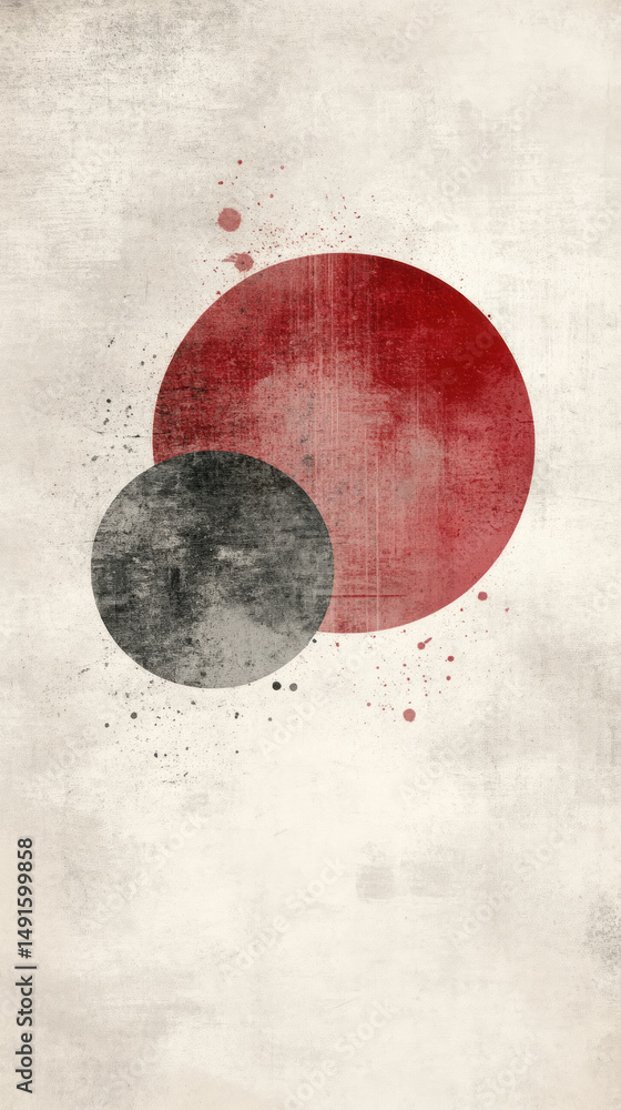 Poster a large red circle is surrounded by a smaller black circle. the red circle is larger than the black 
