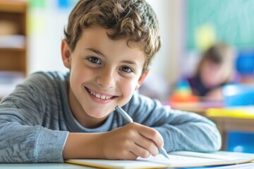 A young boy with curly hair smiling and writing in a classroom setting.